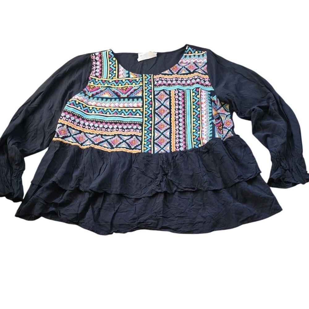 Savanna Jane Womens 1X Embroidered Peasant Blouse Black/Multi-Colored bohemian